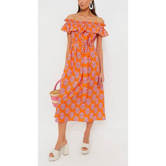 Pink City Prints Tuckernuck Tangerine Buta Print Tallulah Off the Shoulder Dress - Picture 4 of 11